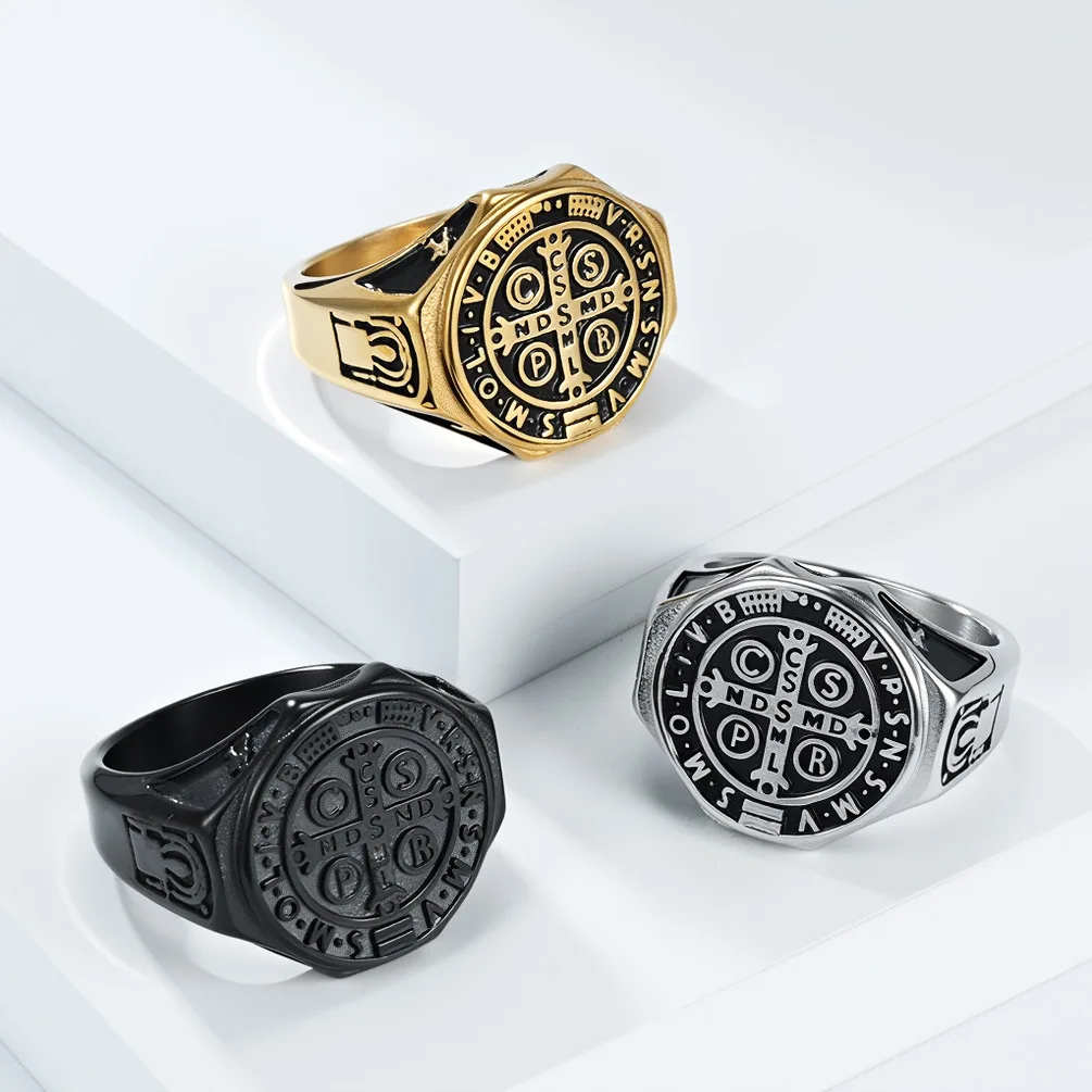Herrenring aus Titanstahl mit Exorzisten-Kreuz von Heiligen Benedikt, Vintage Retro Religiöser Nischen-Kunstschmuck aus Edelstahl – Detail 2