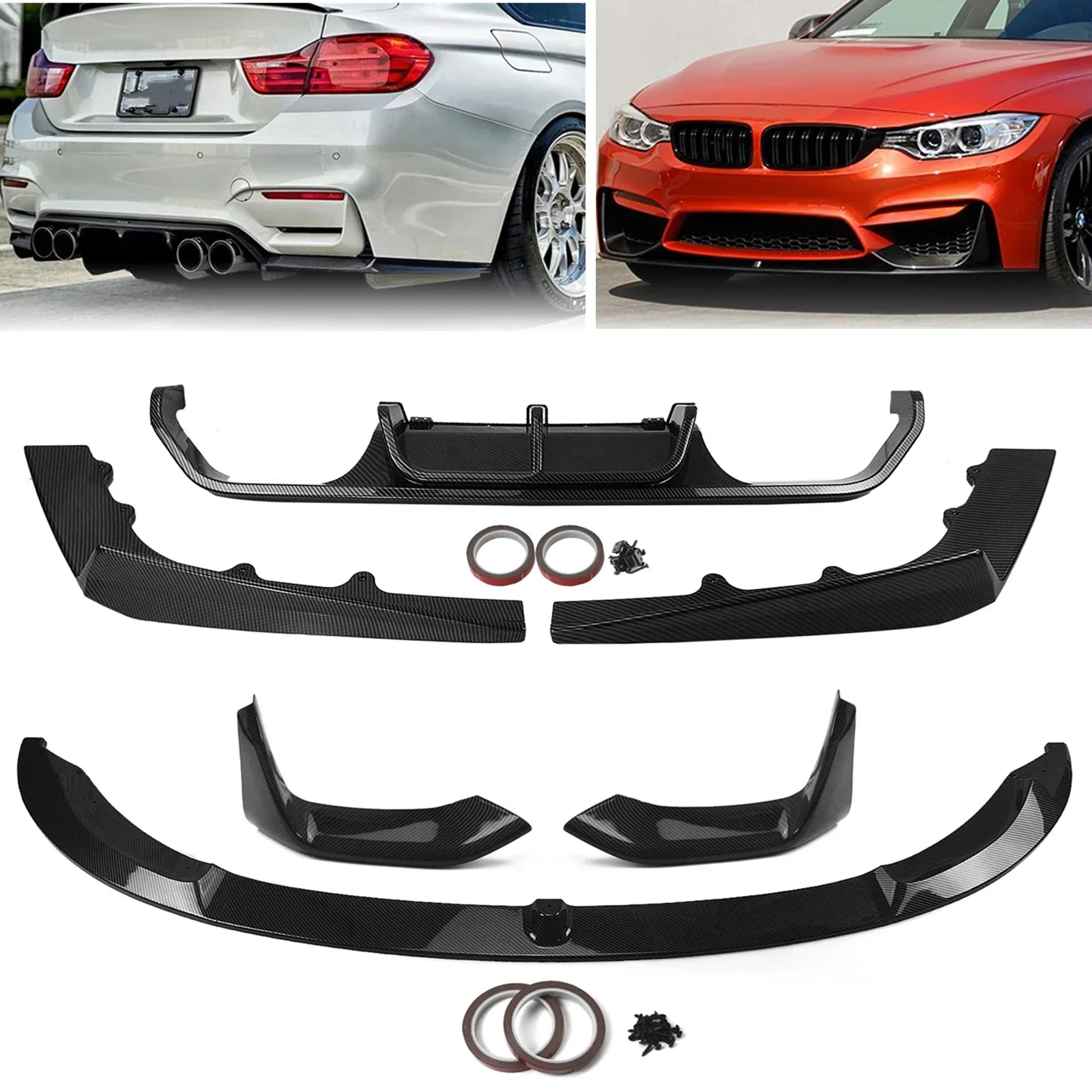 

New！ For BMW F80 M3 F82 F83 M4 2015-2020 Carbon Fiber Look Car Rear Diffuser+Front Bumper Spoiler Lip Splitter Guard Plate Blade