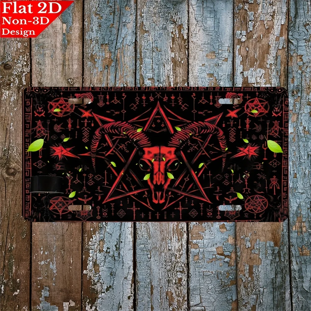 2D flat, 1pc Devil skull with pentagram and symbols Aluminum License Plate, 6x12in Scratch-resistant UV Printing, Decorative Car