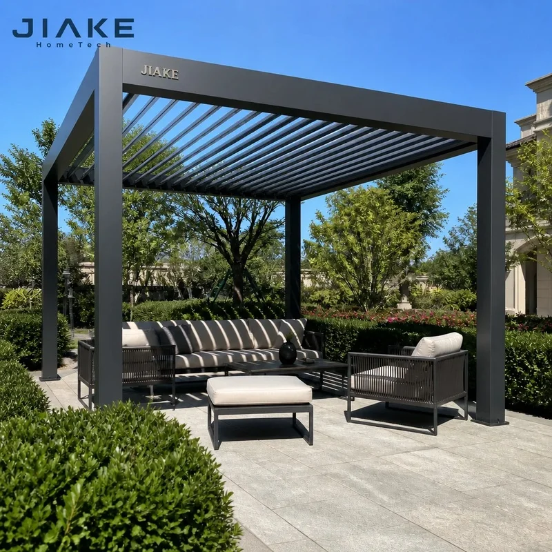 Jiake Outdoor Aluminum Pergola Motorized Louvered Roof Nature Inspired Eco-Friendly Backyard Garden Patio CE OEM
