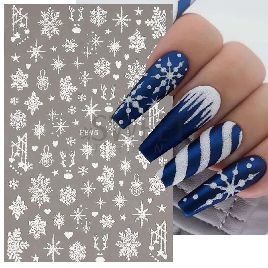 White Snowflakes Winter Festive Stickers Nail Art Decoration Decals Glitter Snowman/Elk/Snow Charms Xmas Manicure 2023 JIF896