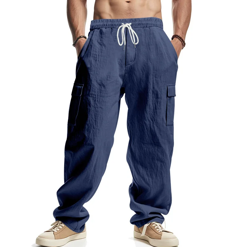 American Men's Casual Pants Summer Thin Breathable Linen Tooling Multi-pocket Loose Trend Wide-leg Pants