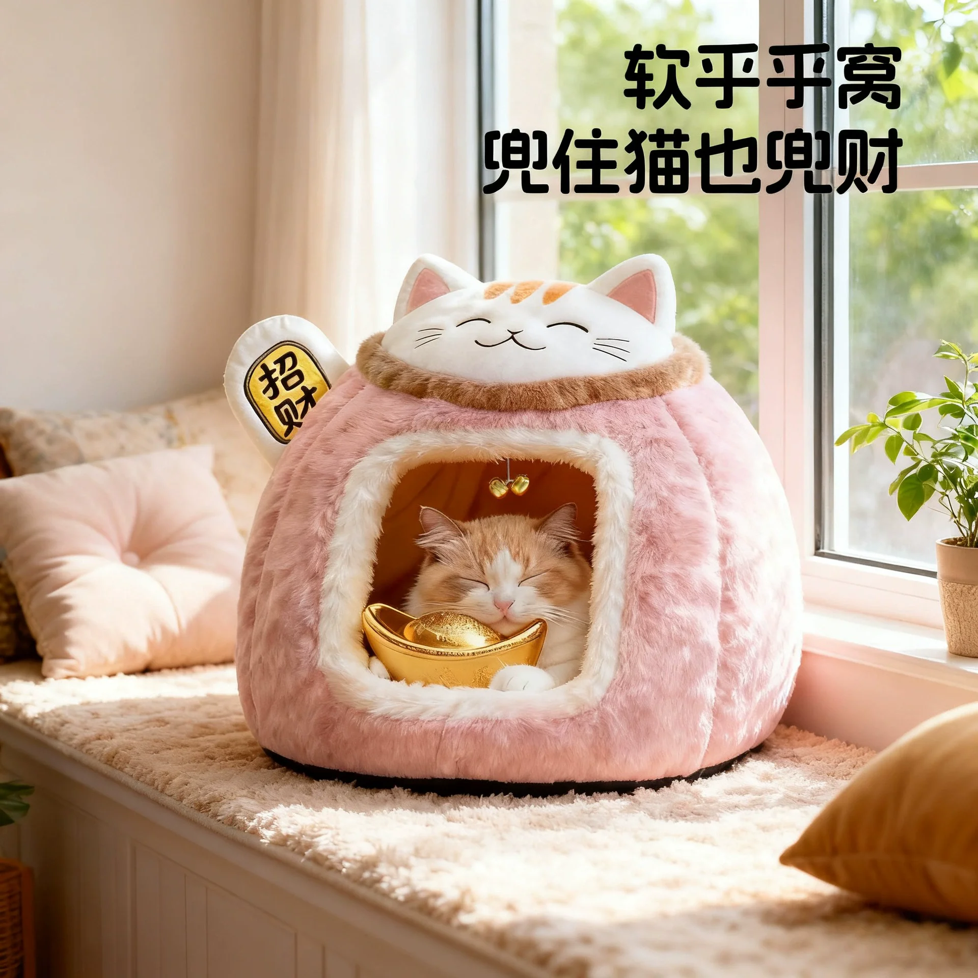 Winter Insulated Enclosed Flocked Round Pet Bed for Cats and Dogs Fashion Cat Nest Wholesale Cartoon Cat Bed