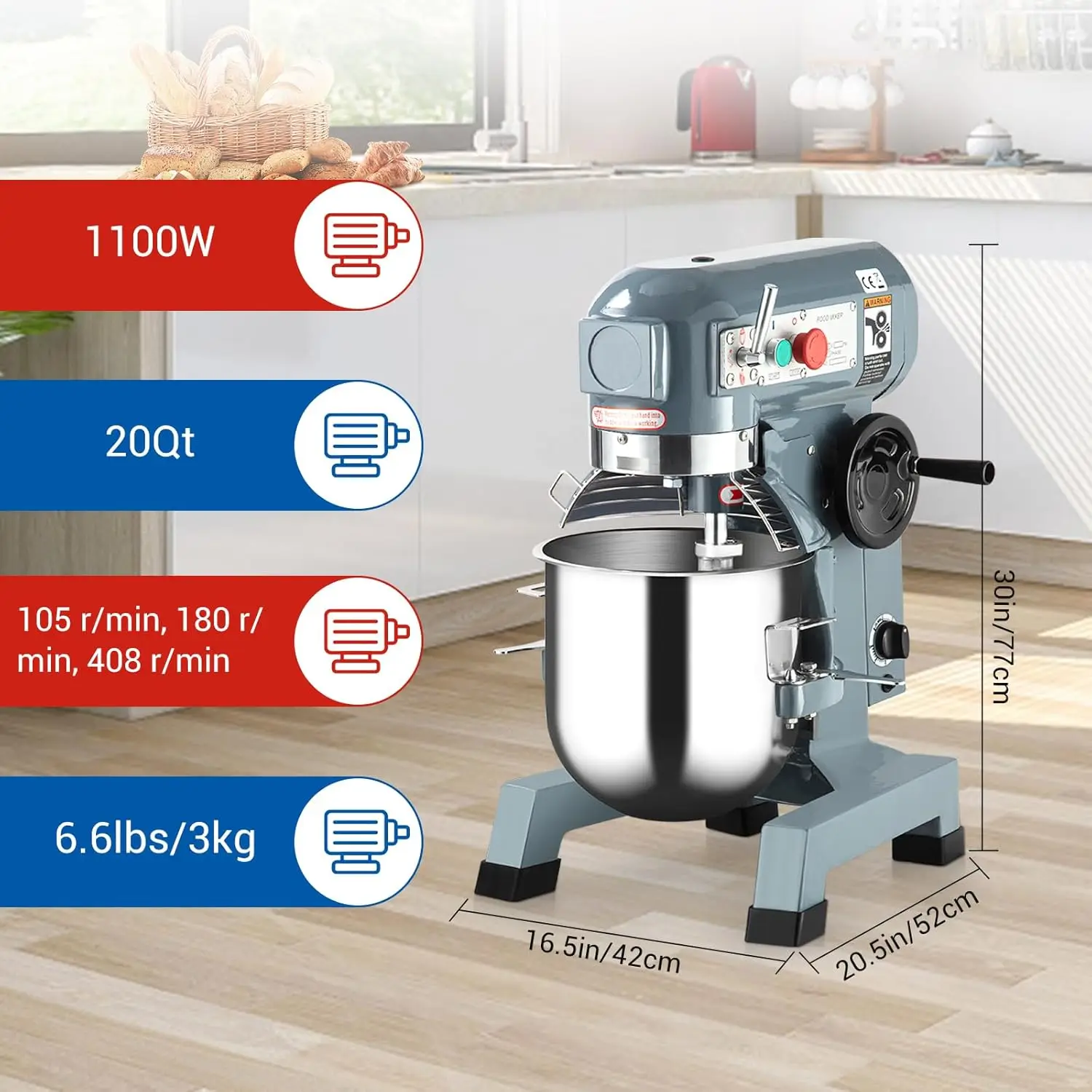 20Qt خلاط طعام تجاري 1100 واط حارس السلامة 3 سرعات قابل للتعديل توقيت وظيفة وعاء من الفولاذ المقاوم للصدأ للمخبز بيتزا