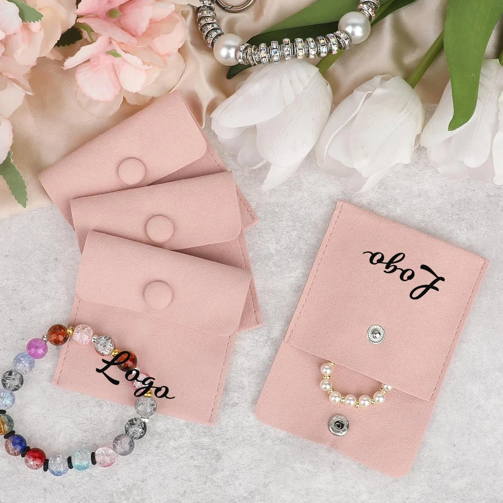 

Custom Logo Wedding Gift Bags Microfiber Snap Pouch Velvet Jewelry Ring Earring Brooch Packaging Organizer Bag With Compartment