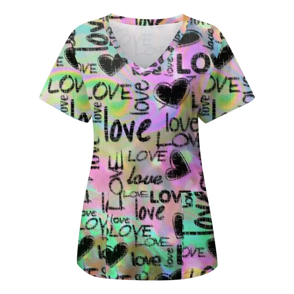 Love Nursing Scrubs Tops Nurse Uniform Animal 3d Print T-shirt Women Fashion V-neck Pocket Overalls Medical Uniforms Workwear
