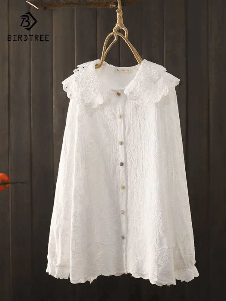 

Новинка 2026, весенняя хлопковая рубашка с длинным рукавом, женская рубашка с воротником Питера Пэна и вышивкой, свободная блузка Mori Girl Sweet Design Sense T5D557CC