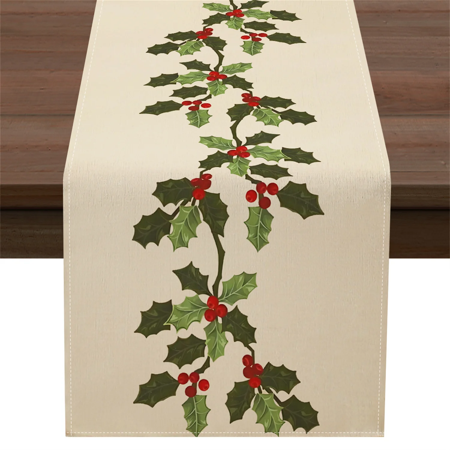 1 Stück Weihnachts-Tischläufer, Holly Berry Floral 2D-Druck-Dekor, Leinenmaterial, ganzjährig für den Esstisch, Heimdekoration