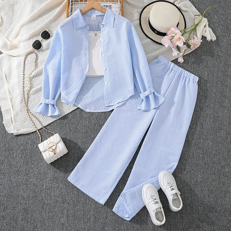 2025 Korean Fashion Girl Casual Suit striped Long Sleeved Lapel Shirt blouse + wide leg pant Two-piece Set Autumn New 8 12 year