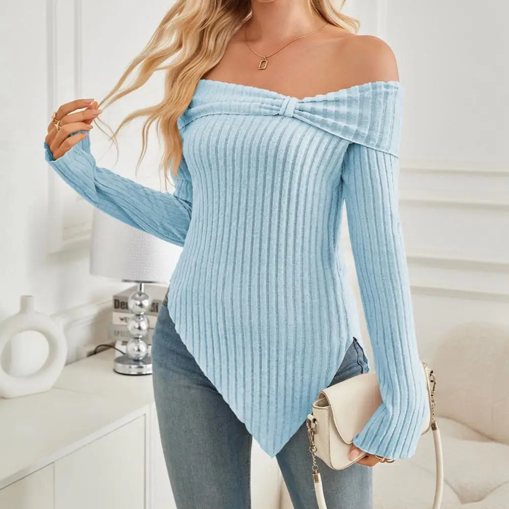 

Women Tops Off Shoulder Long Sleeve Irregular Side Slit Hem T-shirt Solid Color Slim Fit Knot Design Ribbed Pullover Tops