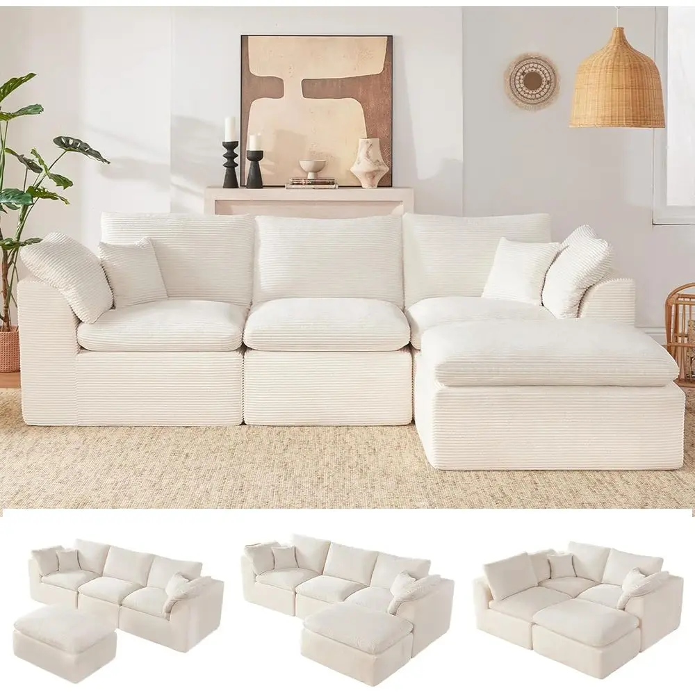 

L-Shaped Cloud Sectional Sofa with Ottoman, Deep Seating, Plush Cushions, Beige, Ready to Use