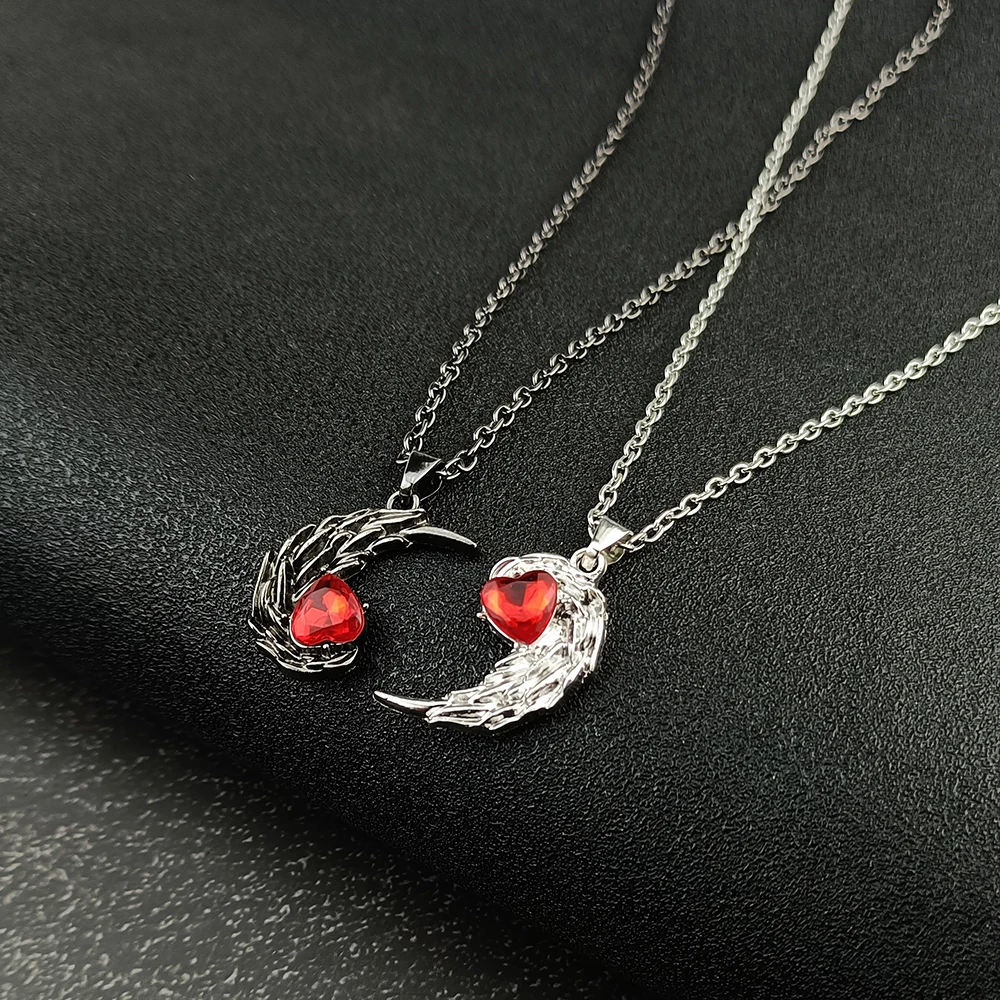 Red Rhinestone Feather Couple Necklace Angle Devil Pendant Necklaces Valentine's Day Jewelry Gifts for Women Men