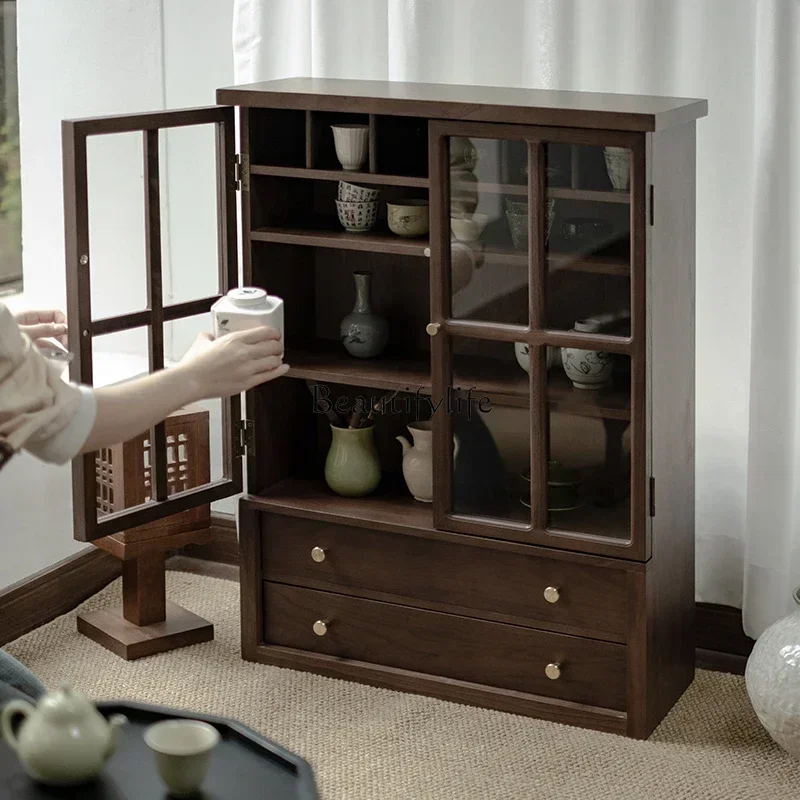 yj21  Solid Wood Tabletop Storage Cabinet for Tableware and Tea Sets, Black Walnut Wood Coffee Storage Countertop