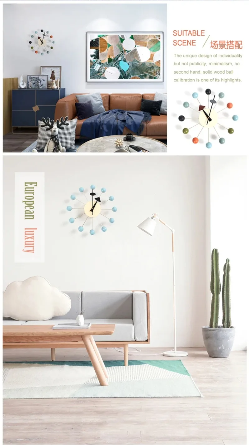 Quiet Round Ball Wood Wall Clock Home Decor Modern Design 3D Clocks for Living Room Decoration Accessories with Import Movement