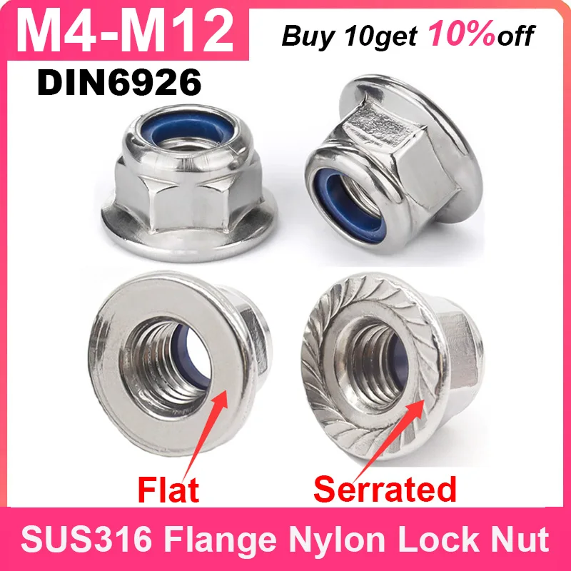 

DIN6926 Hex Flange Nylon Insert Lock Nut M4 M5 M6 M8 M10 M12 316 Stainless Steel Hexagon Flange Locknut Self-locking Nuts
