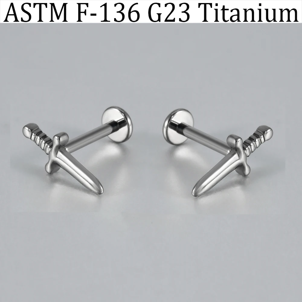 2PCS Punk G23 Implant Titanium Bat Skull Sword Style Lip Studs Internal Thread Flat Back Ear Cartilage Daith Conch Earring 16G
