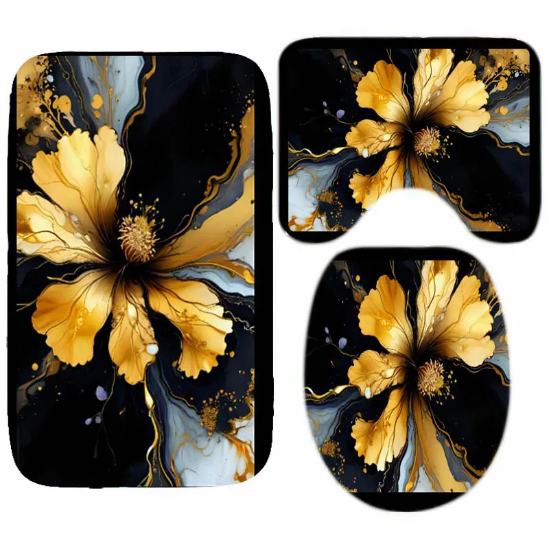 3D Luxury Abstract Black Gold Floral Marble Swirls Bath Rug Set for Bathroom Trendy Flower Motifs Toilet Mat Set 3PCS Home Decor