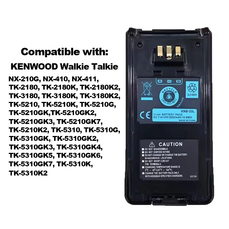 Bateria de íon-lítio KNB-33L 2000mAh 7.4V para Walkie Talkie KENWOOD TK5210 TK3185 TK3180 TK2185 TK2180 Bateria de repalcimento de rádios de 2 vias