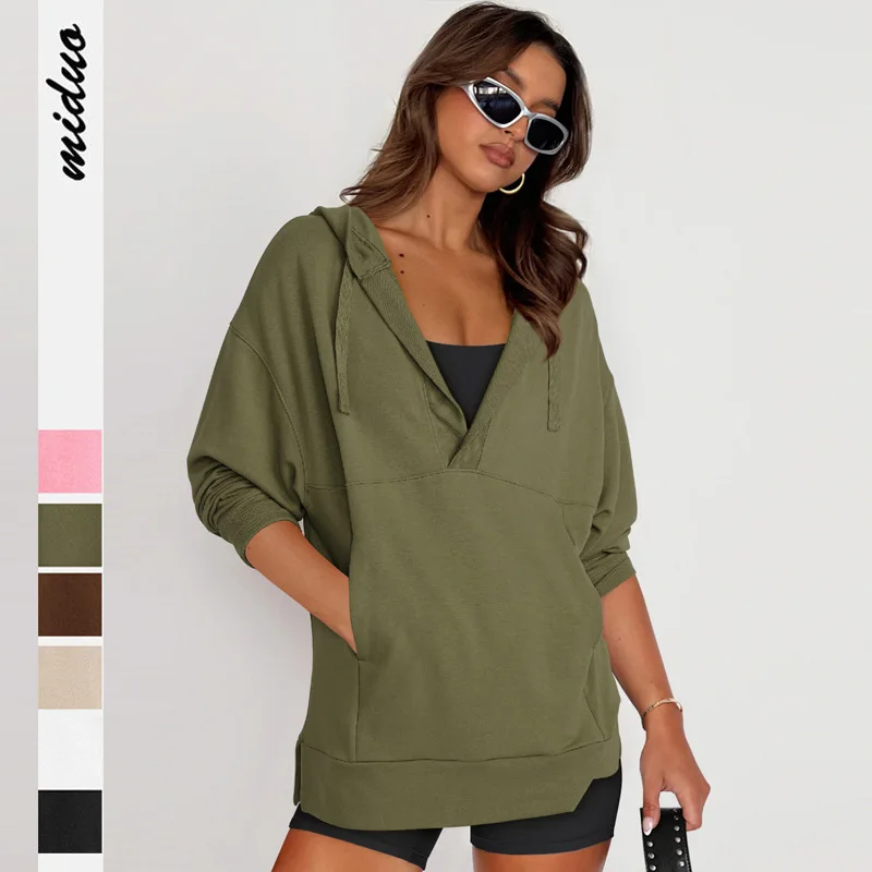 YJKDYK Spring Autumn New Women's Hoodies Female Solid Color V-neck Hooded Drawstring Pullovers Lady's Oversize Sweatshirt