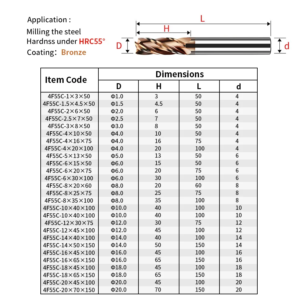 HRC55/65 Carbide End Mill 4 Flutes Milling Cutter Alloy Coating Tungsten Steel Router Bit CNC Maching Cutting Tools 1-20mm Shank