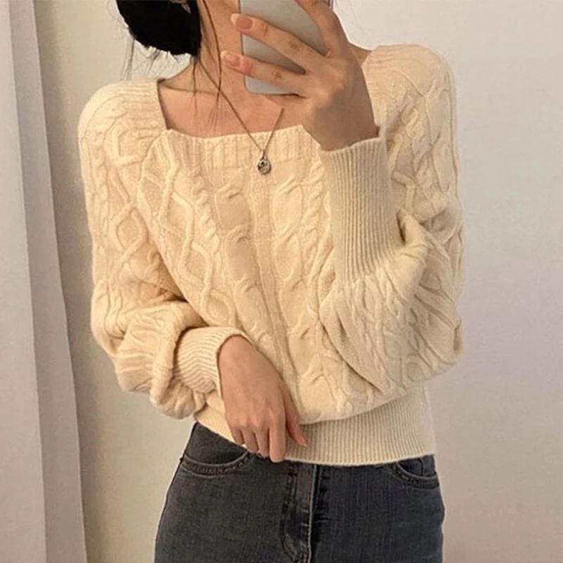 

Casual Chic Knitted Clothes Sweet Square Collar Pullover Women New Autumn Winter Long Sleeve Sweater Solid Color Tops 28830