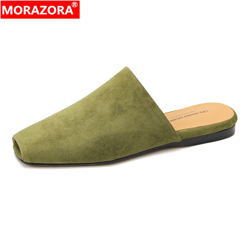

MORAZORA Fashion Sheepskin Suede Leather Women Mules Peep Toe Flat Slippers Peep Toe Ladies Casual Footwear