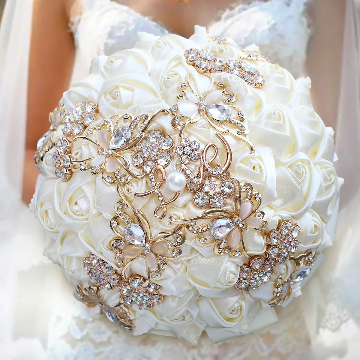 19-style Ivory Silk Rose Wedding Dress Bouquet Artificial luxury rhinestone Pearl bouquet Romantic bridal bouquet