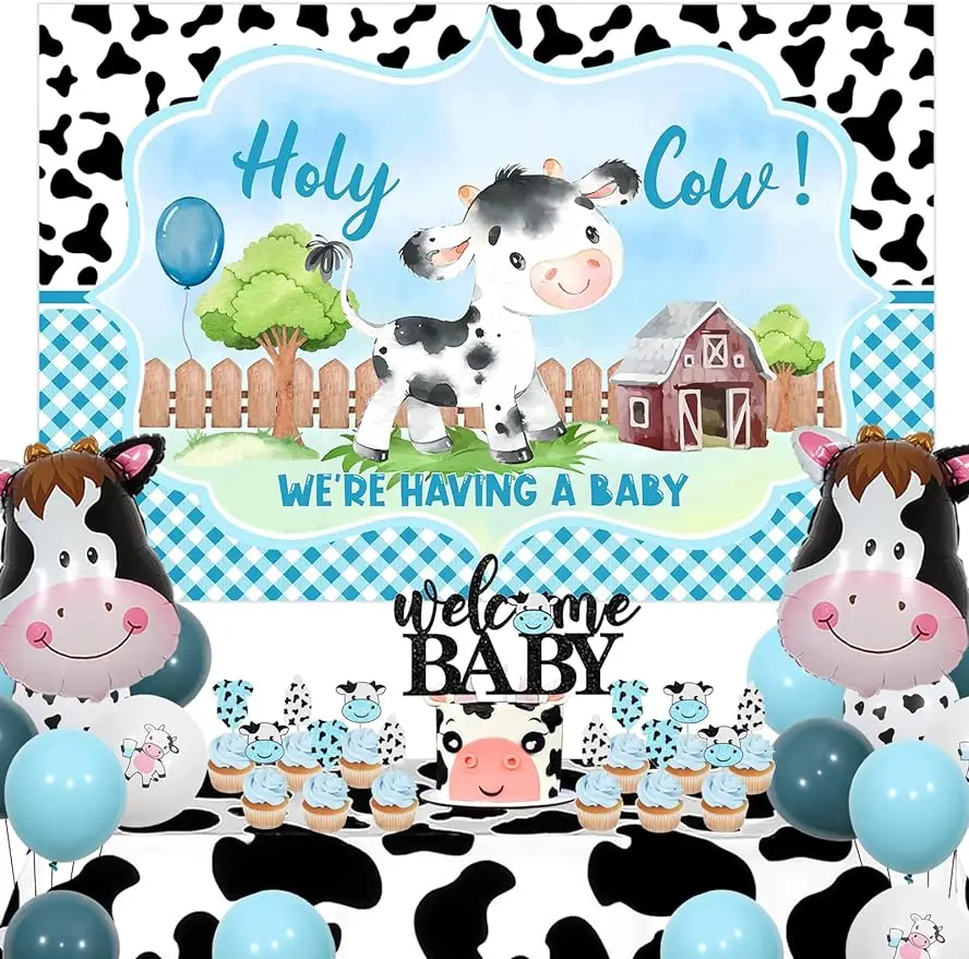 

Baby Shower Decorations for Boy, Holy Cow Backdrop, Blue Balloon Kit, Welcome Baby Cake Topper, Tablecloth Decor, We're Having A