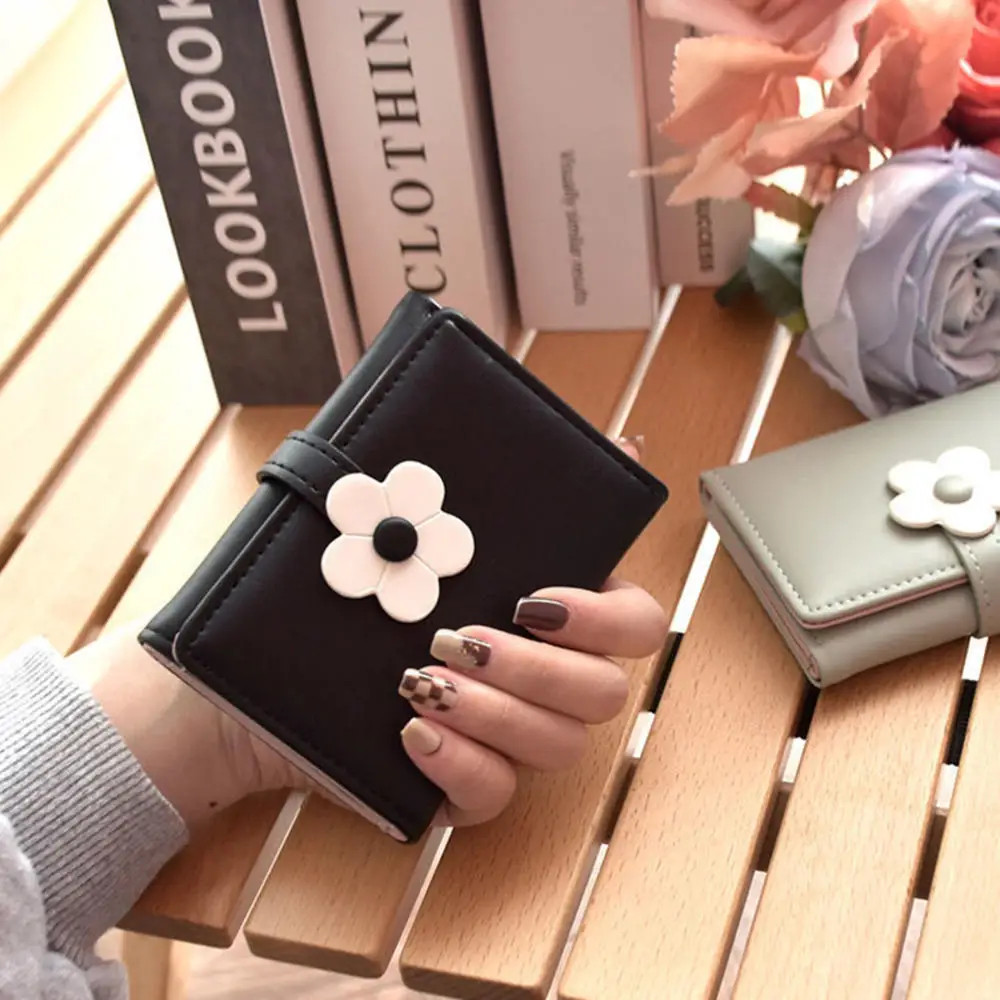 Cartera pequeña con tres pliegues para mujer, monedero de cuero Pu con estampado de flores, tarjetero con ventana para tarjeta de identificación