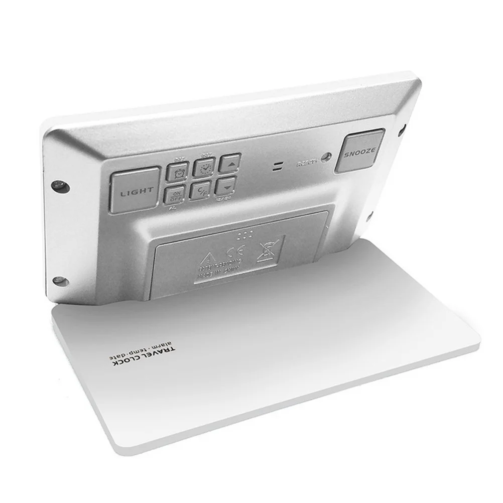 

Alarm Clock Ultra-Thin Folding Portable White LCD Screen Large Digits Time Date Temperature Week Snooze Silent