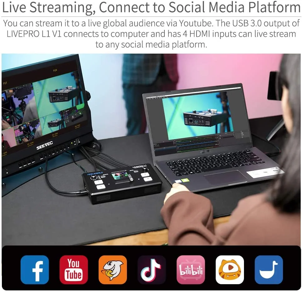 FEELWORLD LIVEPRO L1 V1 Multi Camera Video Mixer Switcher 4xHDMI Inputs USB3.0 Output Format Real Time Production Live Streaming