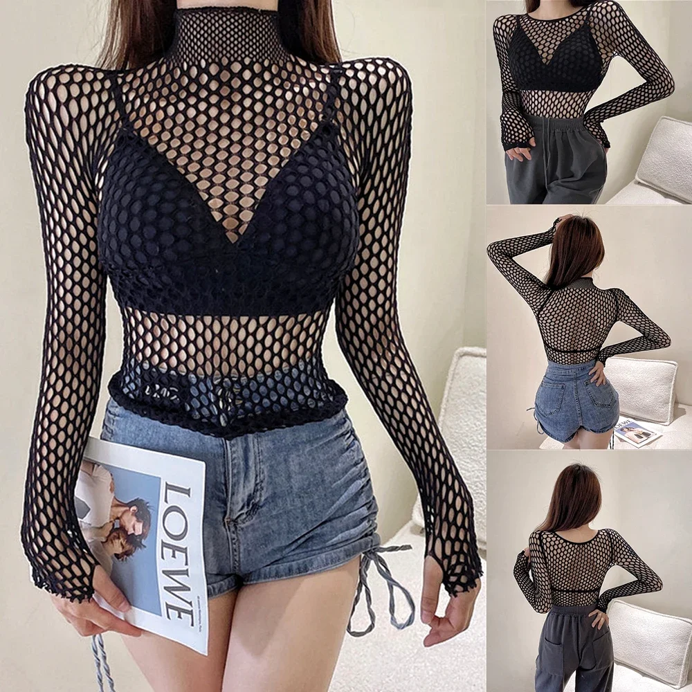 Camiseta transparente de malla de rejilla negra Sexy gótica para mujer, camisas de manga larga ahuecadas, Camiseta corta, ropa de calle