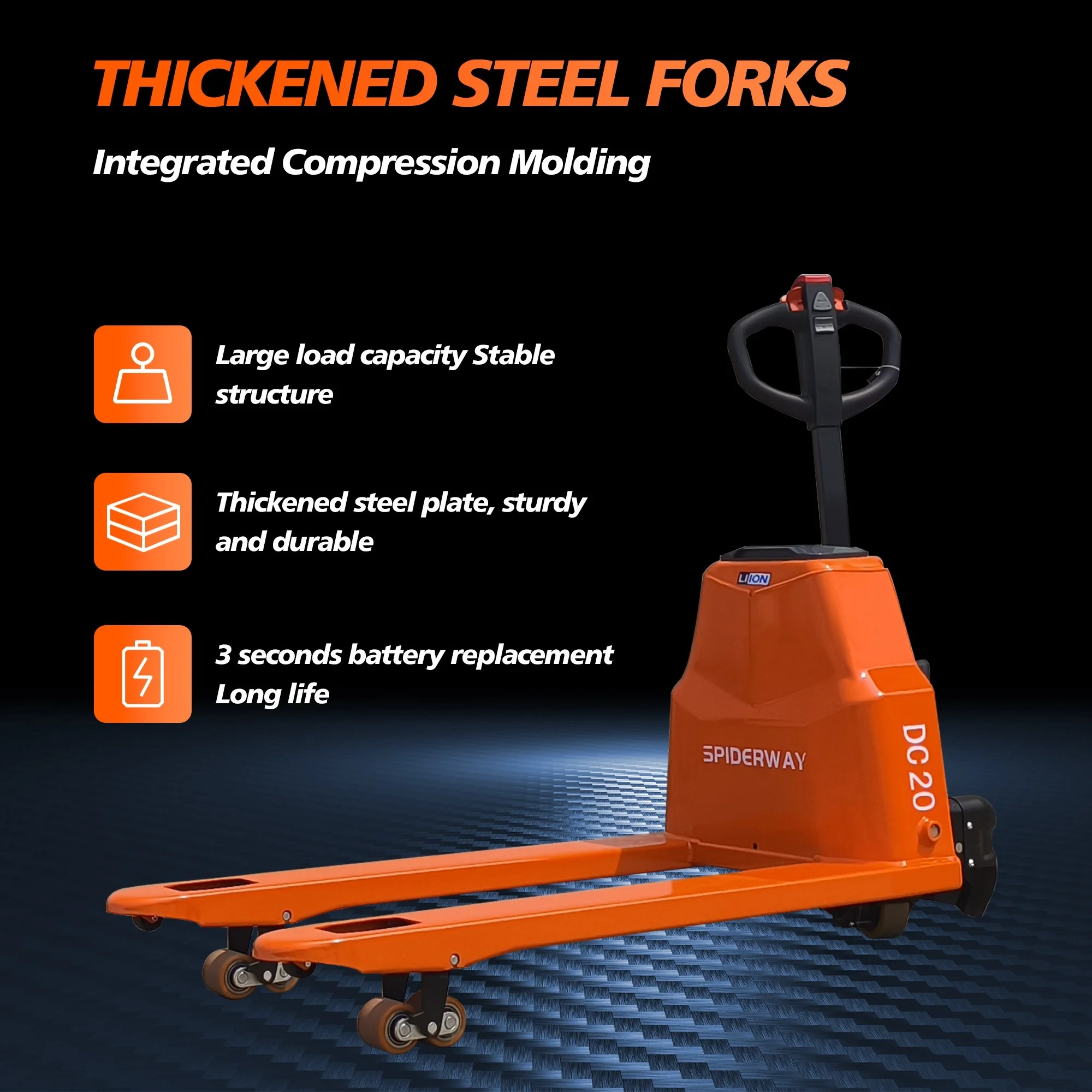 รถยกพาเลทไฟฟ้า 4400 ปอนด์ ประสิทธิภาพสูงและทนทาน พร้อมแบตเตอรี่ลิเธียม 48V ขนาด 48x27 นิ้ว