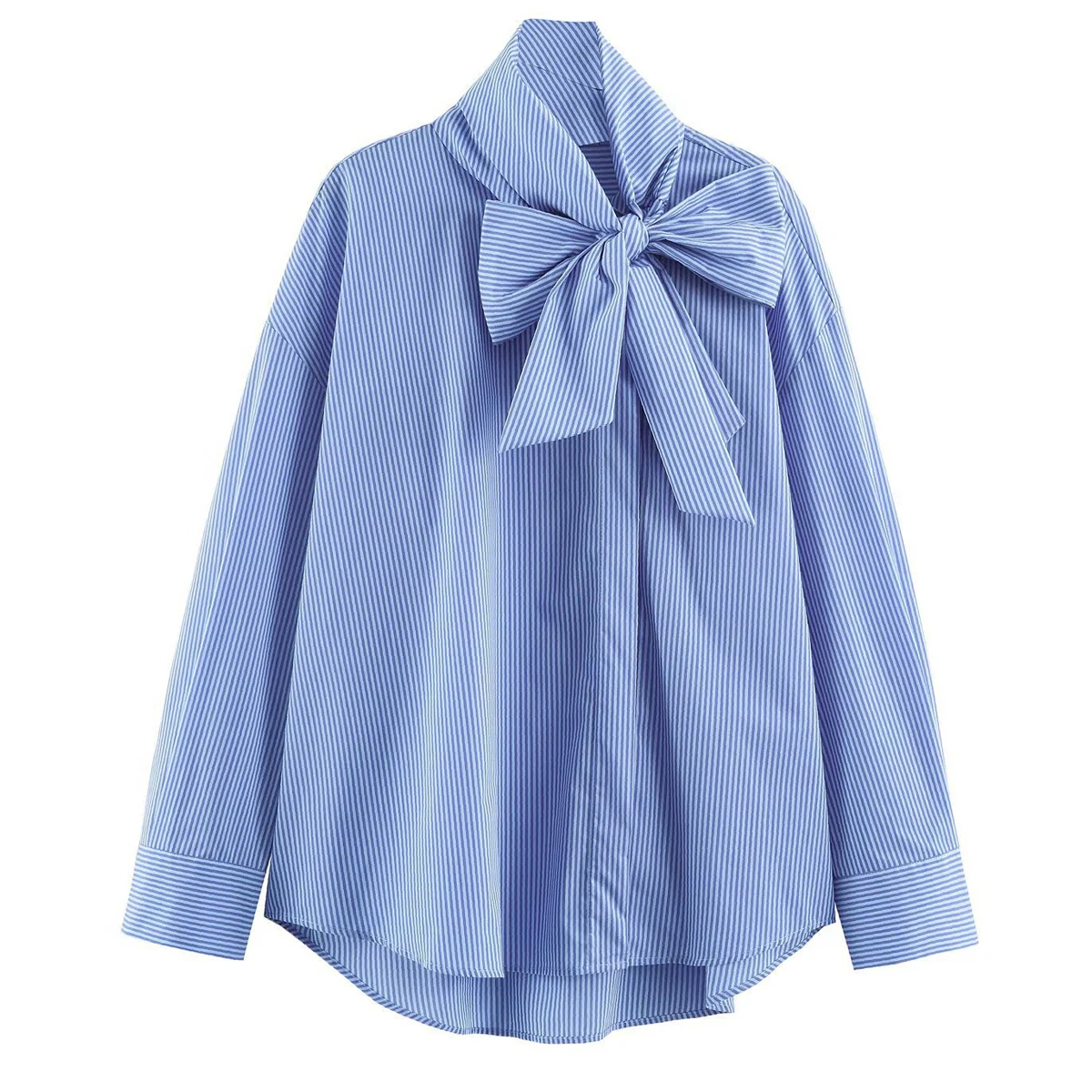 Women Bow Striped Long Sleeve Shirt Casual Blouse Decorative Design With Tie Tops For Daily Wear  1PCS