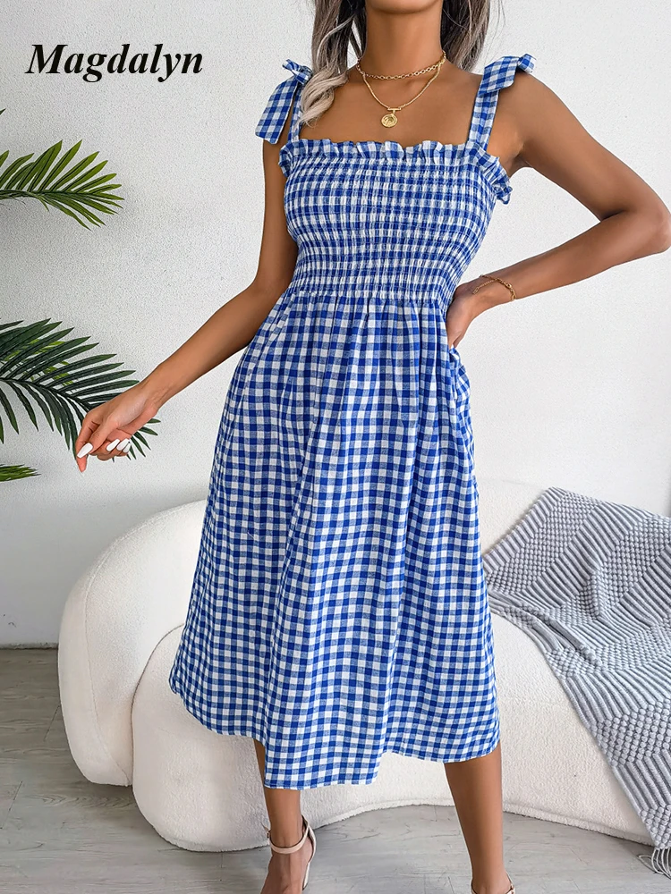 Magdalyn Plaid Tight Camisole Dress 2024 Spring Summer Beach Female Clothing Sexy Dresses Fashion Club Skirt Casual Midi Dress