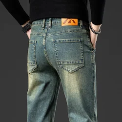 Retro Men's Stretch Straight Jeans Washed Fashion Distressed Baggy Denim Trousers Male Full Length Classic Brand Pants