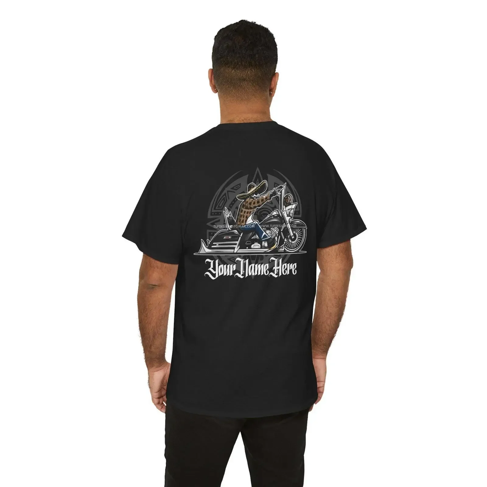 Personalisiertes T-Shirt mit Namen, Lowrider-Motorrad, Skelett, Sombrero, Biker, Cholo, Streetwear, lässiges Oberteil, Vintage, gewaschen, weich