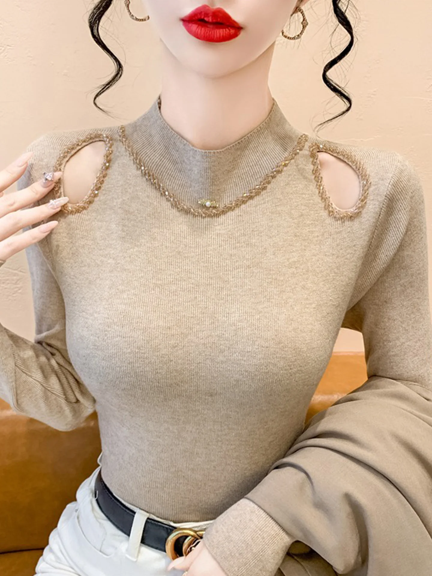 Seksowny sweter z odkrytymi ramionami, długi, dzianinowy, damski, dopasowany, z wysokim kołnierzem, warstwa bazowa, zimowy, jesienny, zdobiony koralikami, ciężki top.