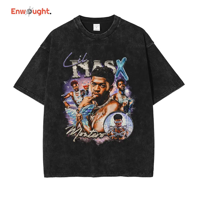 

Lil Nas X T Shirt Hip Hop Rapper Lamar Hill Rock Vintage Washed Top Tees Oversized T-shirt Harajuku Short Sleeve Men 100% Cotton