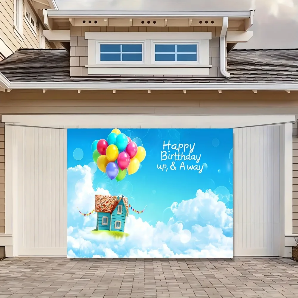 Birthday party photo background Adventure Happy Birthday up, balloons party decoration blue sky white clouds, banner decoration