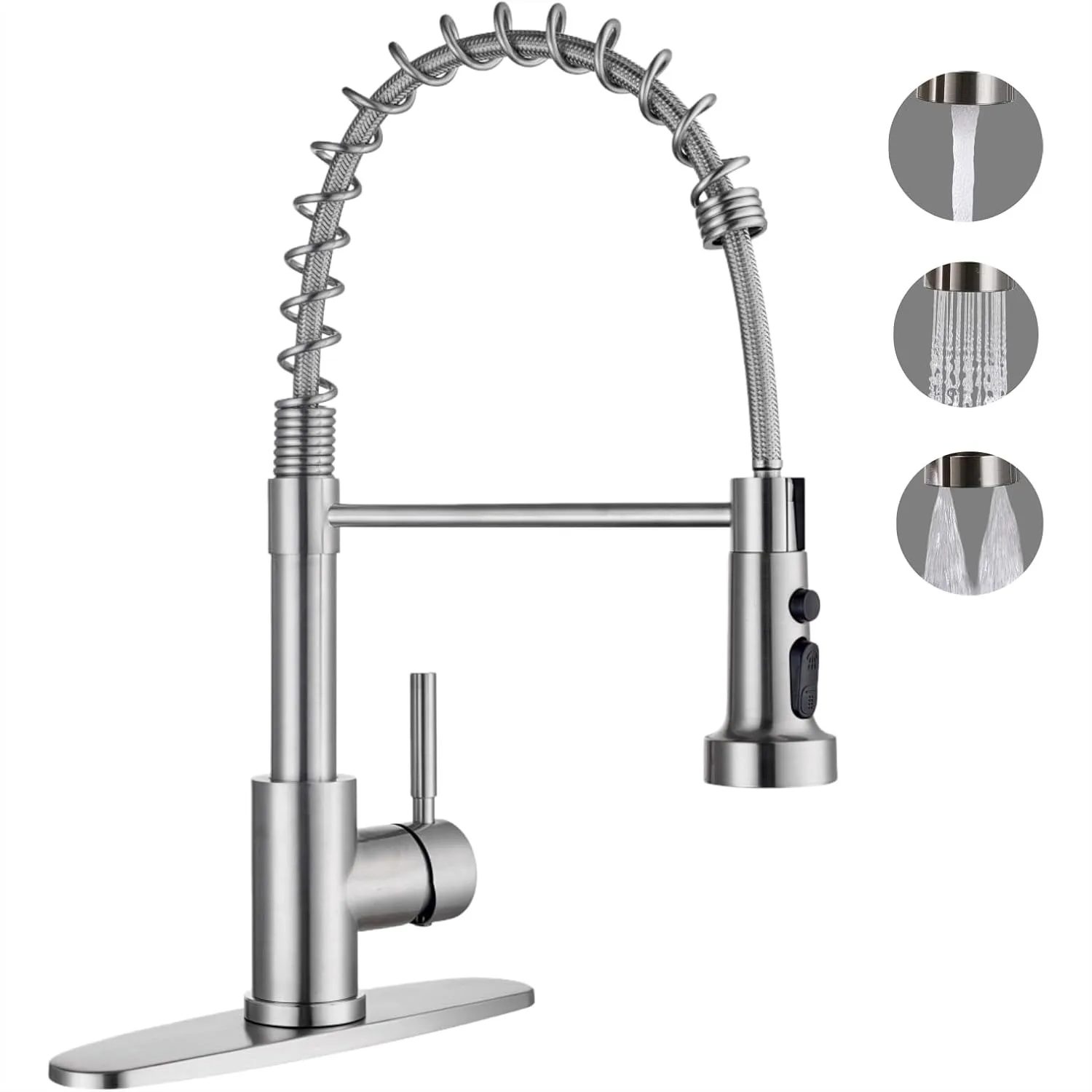 

Kitchen Faucet with Pull Down Sprayer, Brushed Nickel Single Handle Spring Sink Faucet, 3 Function for Farmhouse Laundry RV Bar