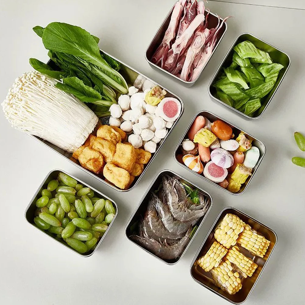 Kitchen Versatile Stainless Steel Storage Box Rectangular Tray Refrigerator Fruit Fresh-keeping Container With Lid Meat Frozen
