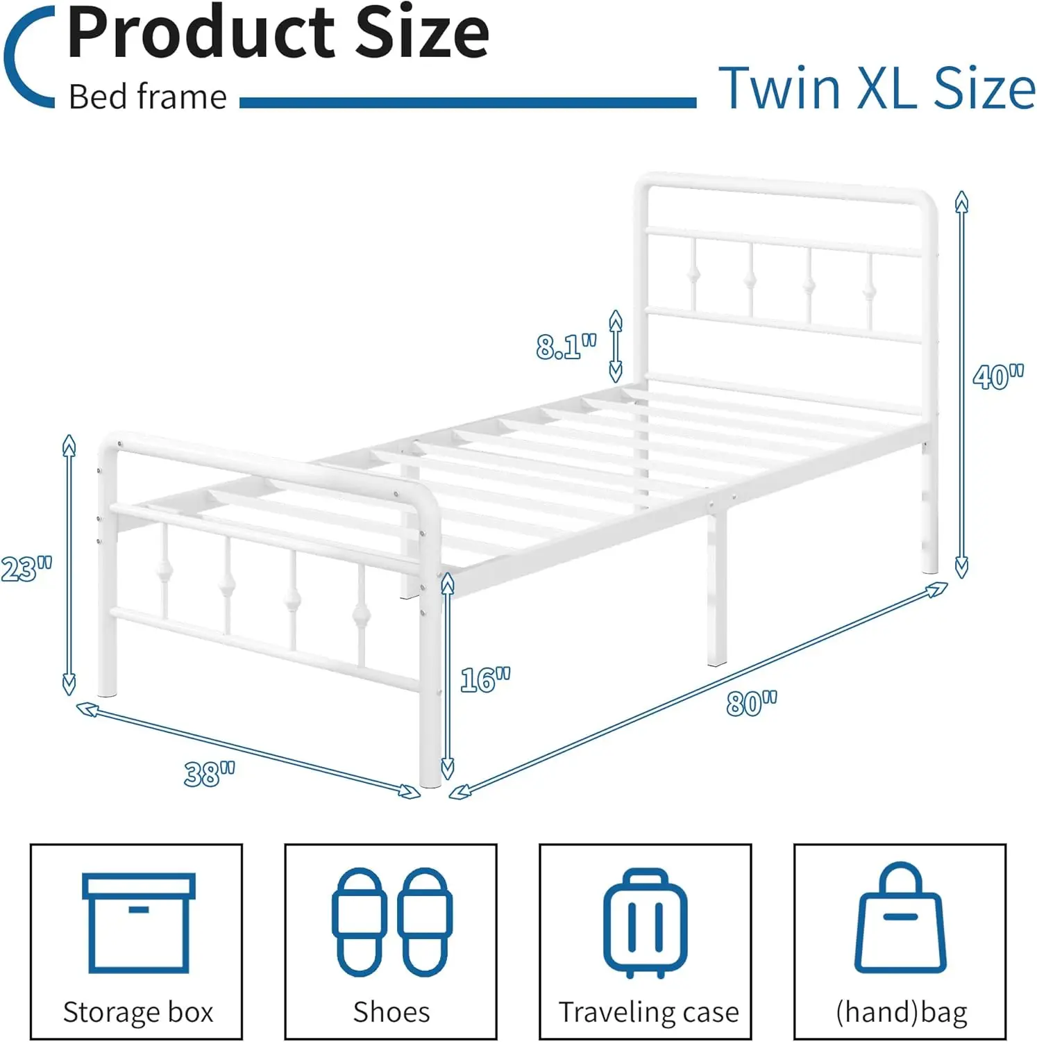 16 Inch White Twin Xl Bed Frames With Headboard And Footboard, Classic Metal Platform No Box Spring Needed Heavy Duty Victorian