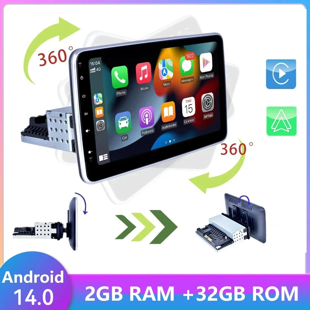 Universal Rotation Android 14 Car 1 Din Radio 10'' GPS BT Video Multimedia Android auto Player Carplay GPS Navigation AutoRadio