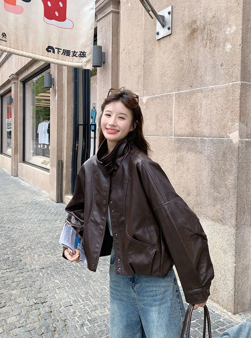 Women Faux Leather Jacket Stand Collar Snap Button Coat Oversized Drop Shoulder Bomber Y2K Retro Streetwear Autumn Outerwear Top