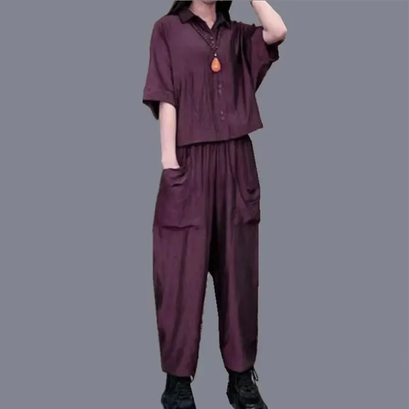 

Summer Ladies Short Sleeve Harem Pant 2PCS 2025 Female Loose Tops Casual Pantalons Two-piece Set Korean Women Ice Silk Trousers