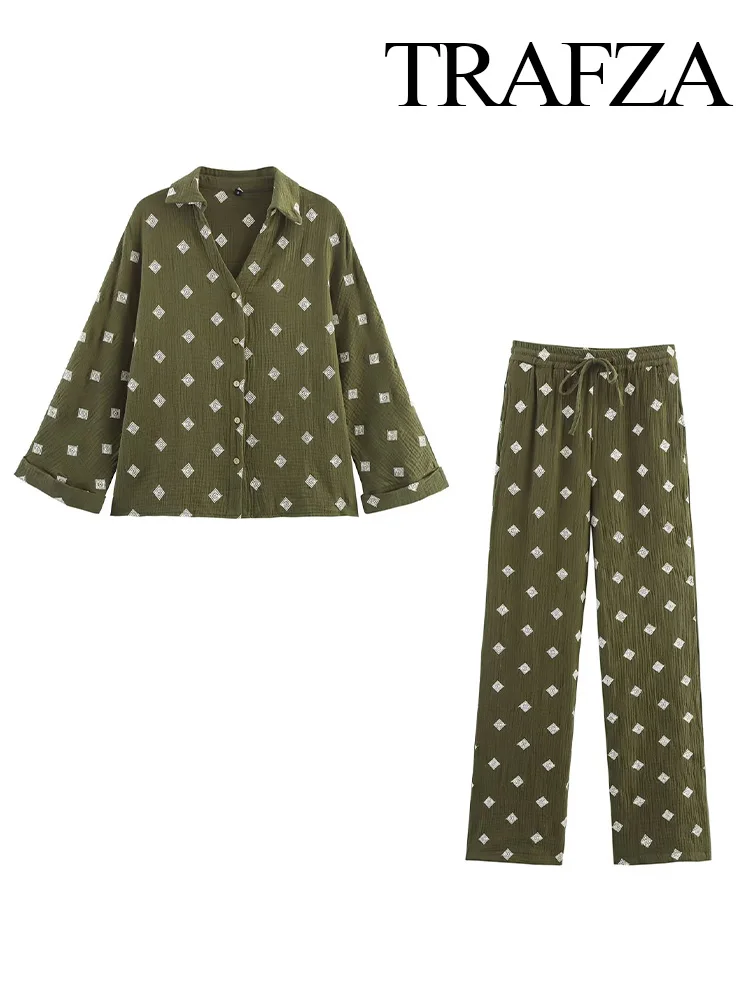 

HH Women Fashion Printed Embroidery Single-breasted Lapel Shirts+Summer Slim Drawstring Elastic Waist Pants 2-Piece Set