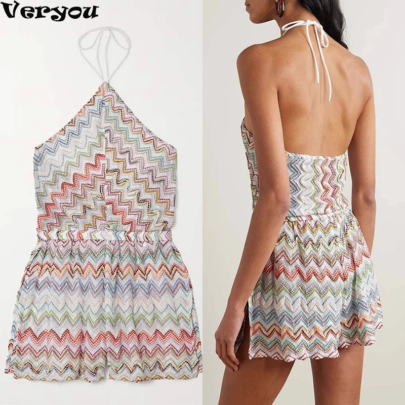 Богемный сексуальный пляжный праздничный короткий комбинезон, женский повседневный летний полосатый комбинезон с лямкой на шее и принтом, комбинезон с открытой спиной