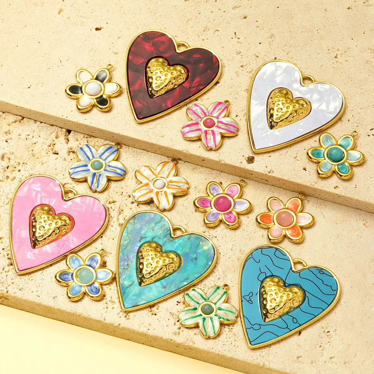 

3Pcs/Lot Stainless Steel Flower Heart Charms Enamel Pendants For DIY Making Bracelet Necklace Earring Accessories Wholesale