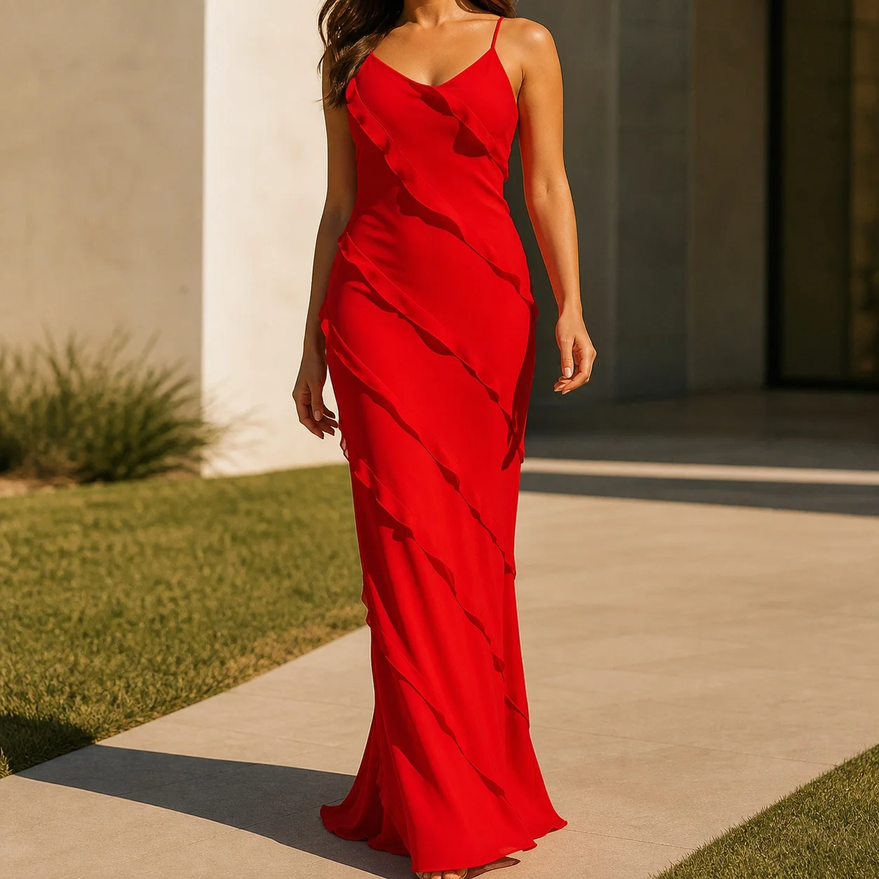 Summer Wedding Guest Dress: Sleeveless V Neck Long Open Back Low Waist Slit Wavy Hem Elegant Party Dress for Prom Evening Women